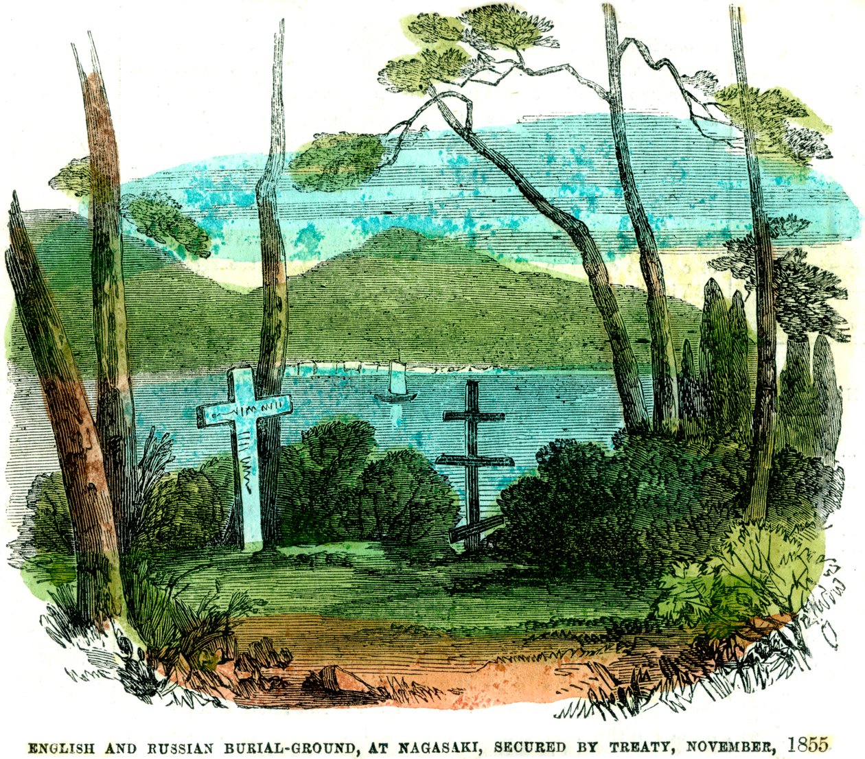 Engelse en Russische begraafplaats, in Nagasaki, verzekerd door verdrag, november 1855, 1856 door Unbekannt