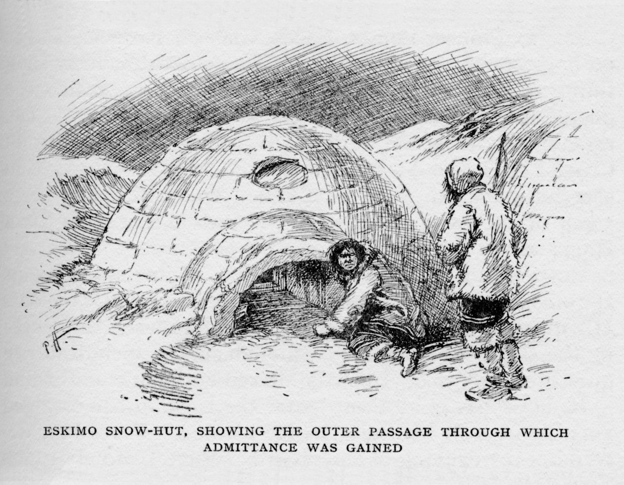 Eskimo-sneeuwhut, met de buitenste doorgang waardoor toegang werd verkregen, ca. 1927, 1928 door Unbekannt