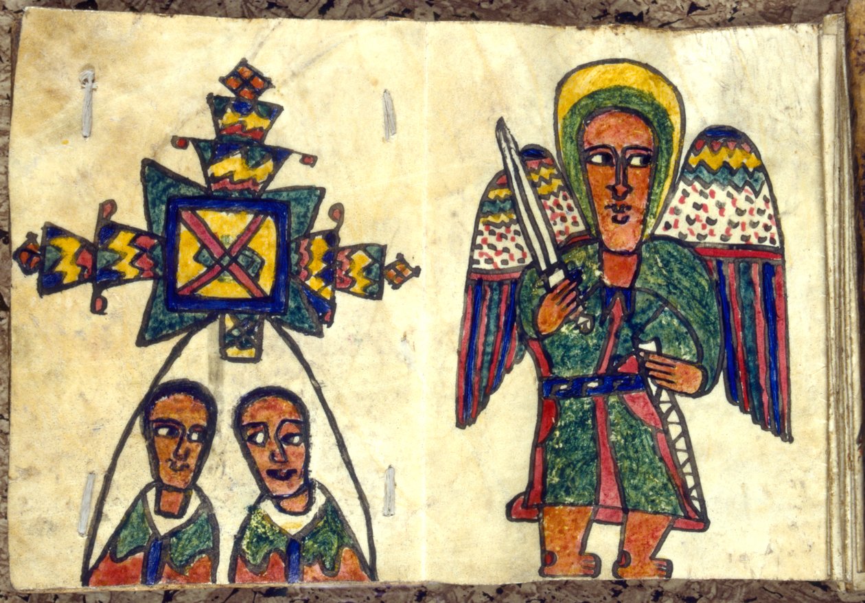 Ethiopisch gebedenboek met een engel met een zwaard en twee mannen, mogelijk priesters, 19e eeuw door Unbekannt