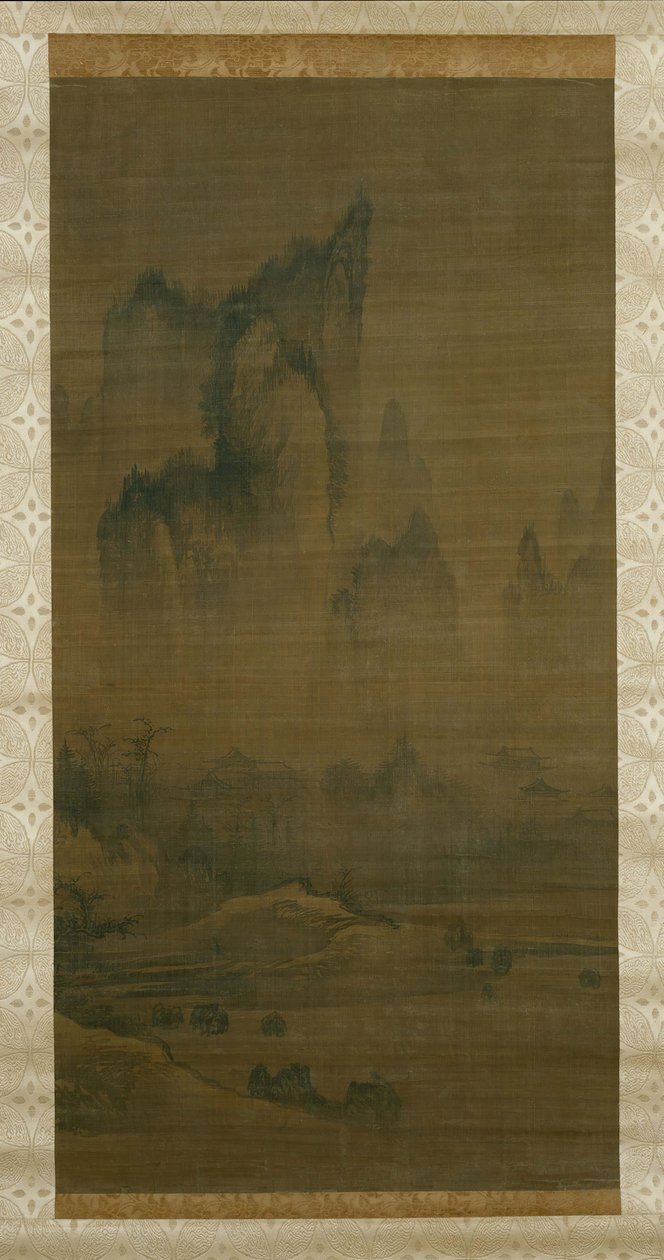 Avondklok van mist-omsloten tempel, Herfstmaan boven het Dongtingmeer rechts, ca. 1450-1500 door Unbekannt