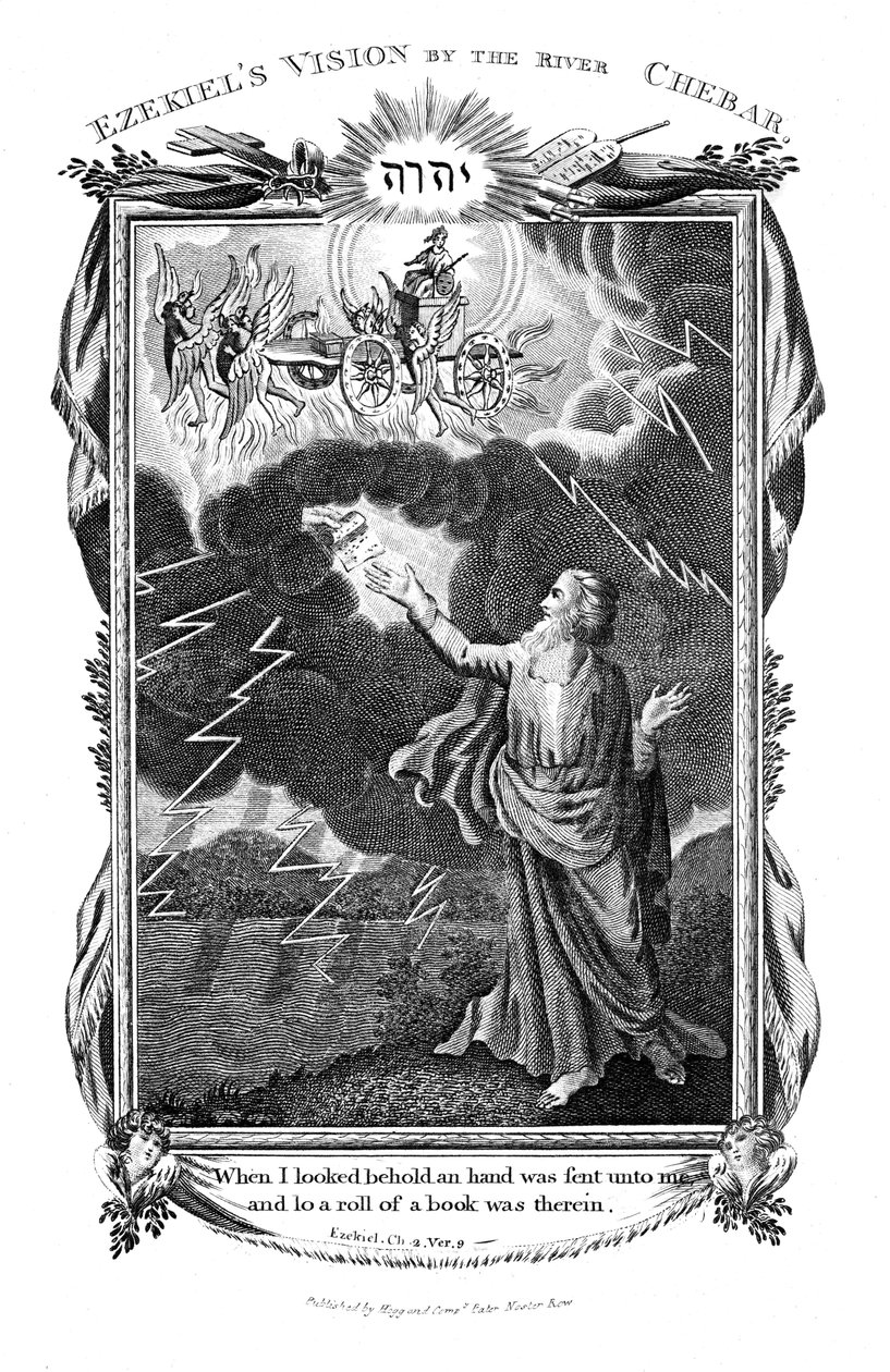 Ezechiëls visioen van een wagen in de lucht en een hand in de wolken die hem een boek aanreikt, 1804 door Unbekannt