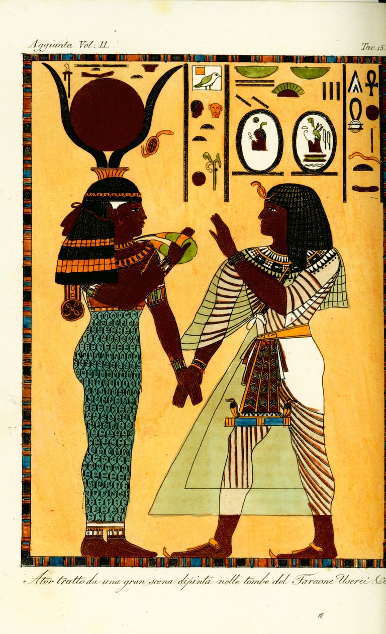 Beeld van de Egyptische godin Hathor met koning Seti I uit zijn graf in Thebe, ontdekt door Giovanni Battista Belzoni door Unbekannt