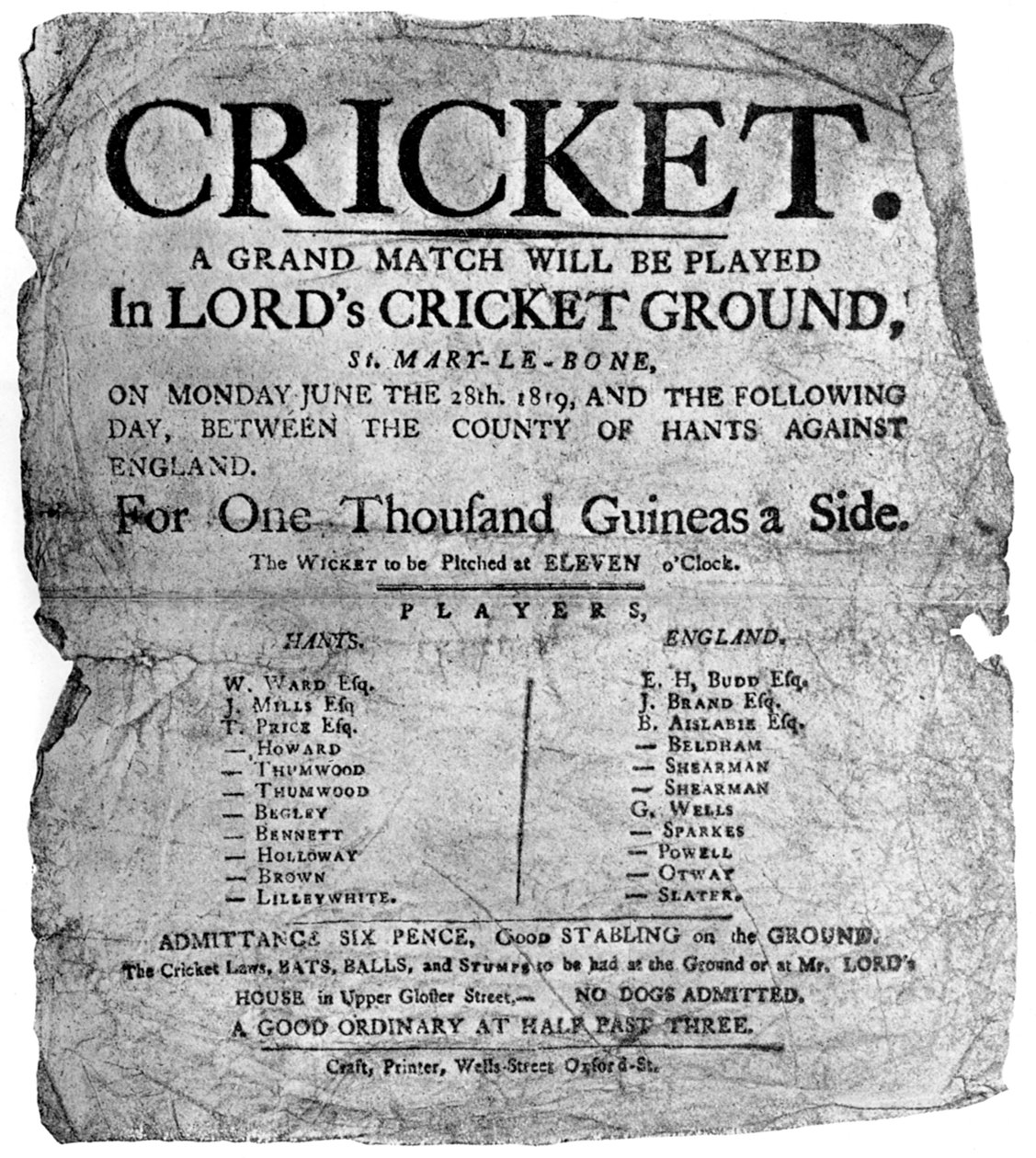 Flyer voor een cricketwedstrijd tussen Hampshire en Engeland, 1819 1912 door Unbekannt