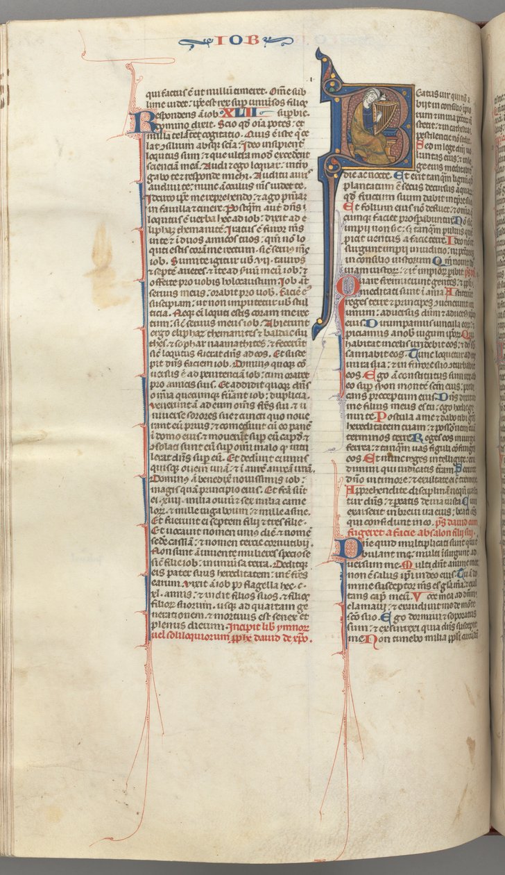 Fol. 214v, Psalm 1, gehistorieerde initiaal 8, David spelend op de harp, ca. 1275-1300 door Unbekannt
