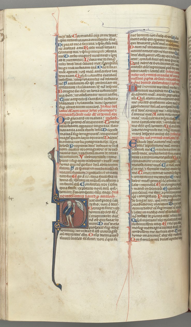 Fol. 222v, Psalm 52, gehistorieerde initiaal D, een dwaas naakt behalve voor een mantel, met een blaas..., ca. 1 door Unbekannt