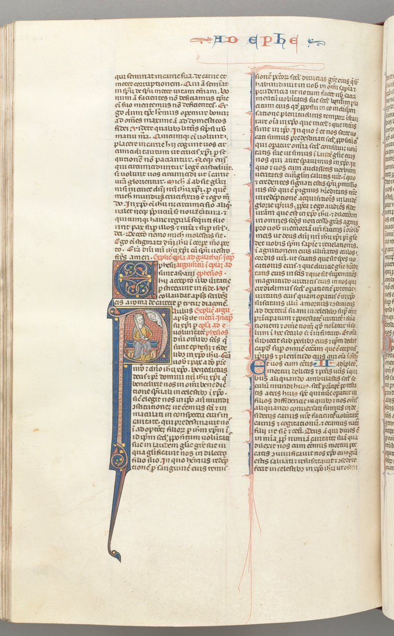 Fol. 450v, Efeziërs, gehistorieerde initiaal P, Paulus zittend met een zwaard, de buste van God erboven, ca. 127 door Unbekannt