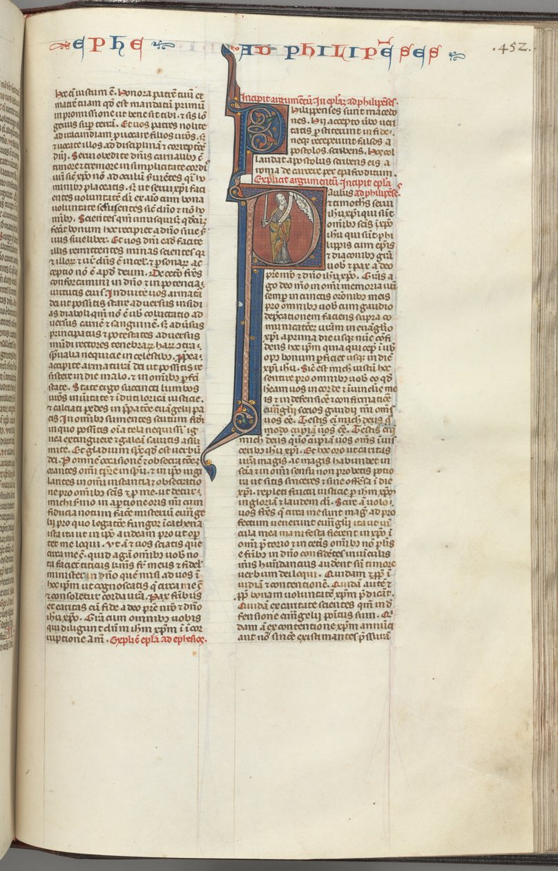 Fol. 452r, Filippenzen, gehistorieerde initiaal P, Paulus staande met een zwaard en een rol, pratend met t door Unbekannt