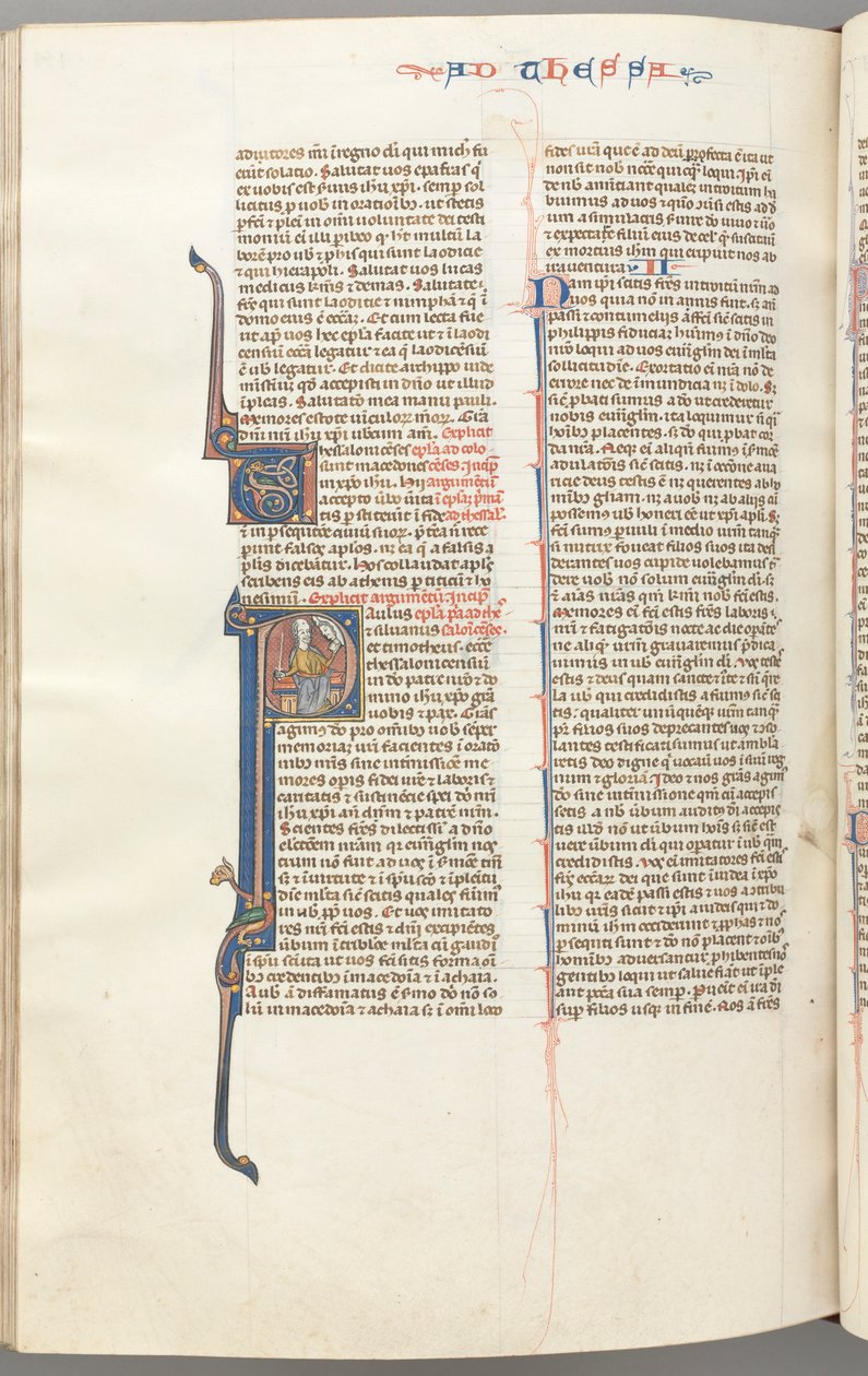 Fol. 454v, Thessalonicenzen I, gehistorieerde initiaal P, Paulus zittend met een zwaard en een boek..., ca. 1275-1300 door Unbekannt
