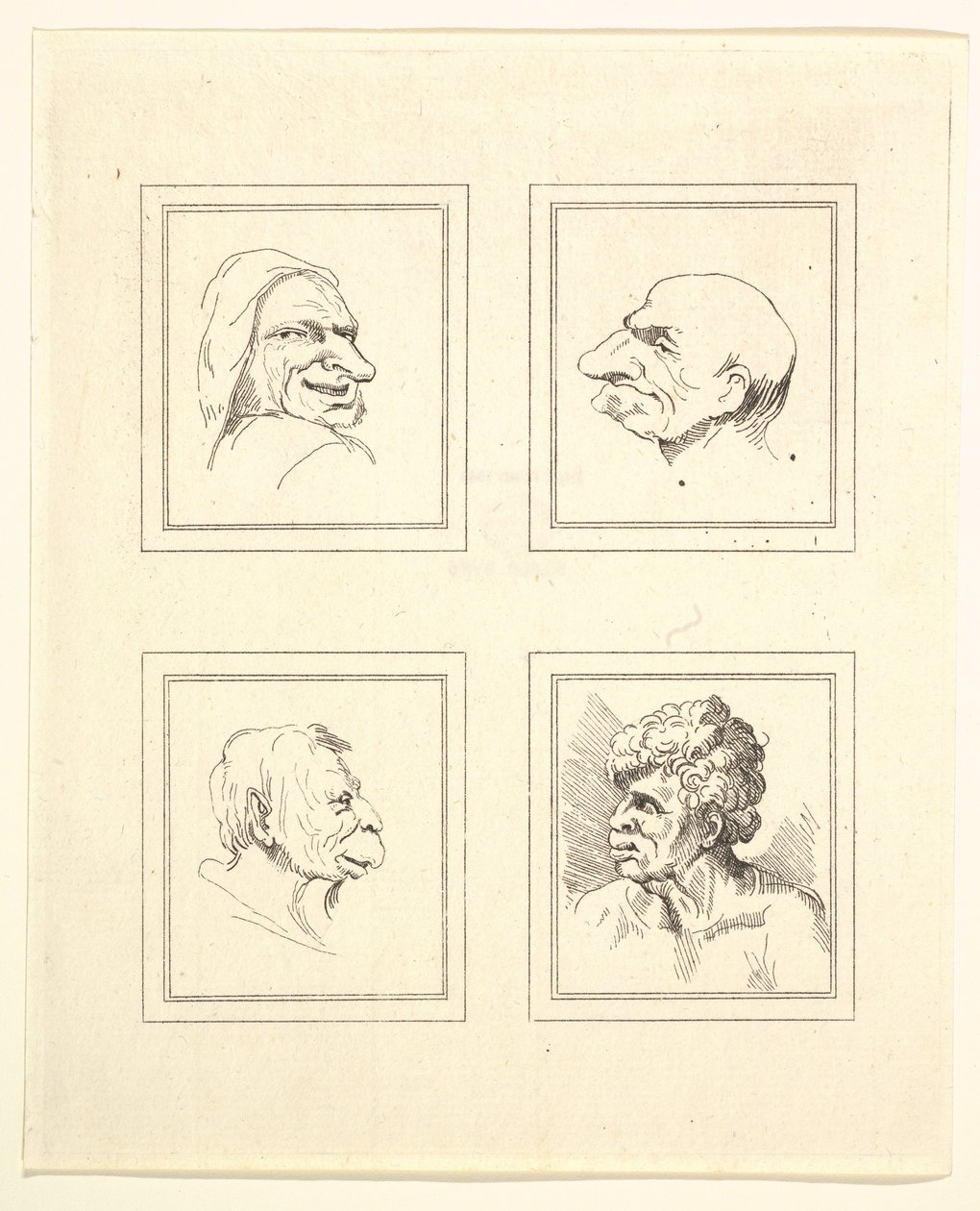 Vier Hoofden uit Characaturas door Leonardo da Vinci, uit Tekeningen door Wincelslaus Hollar, o..., 1786 door Unbekannt