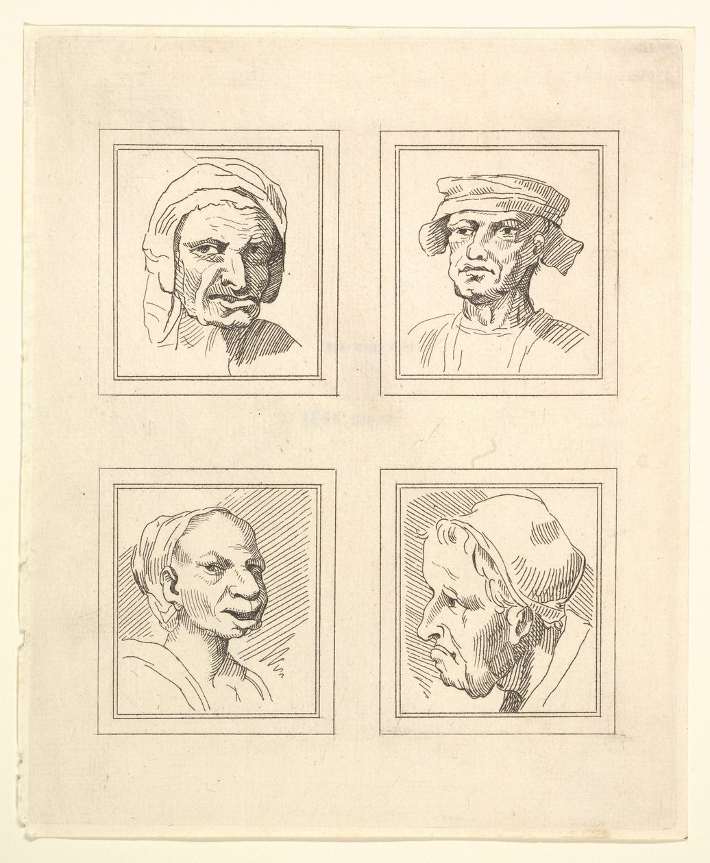 Vier hoofden uit Characaturas door Leonardo da Vinci, naar tekeningen van Wincelslaus Hollar door Unbekannt