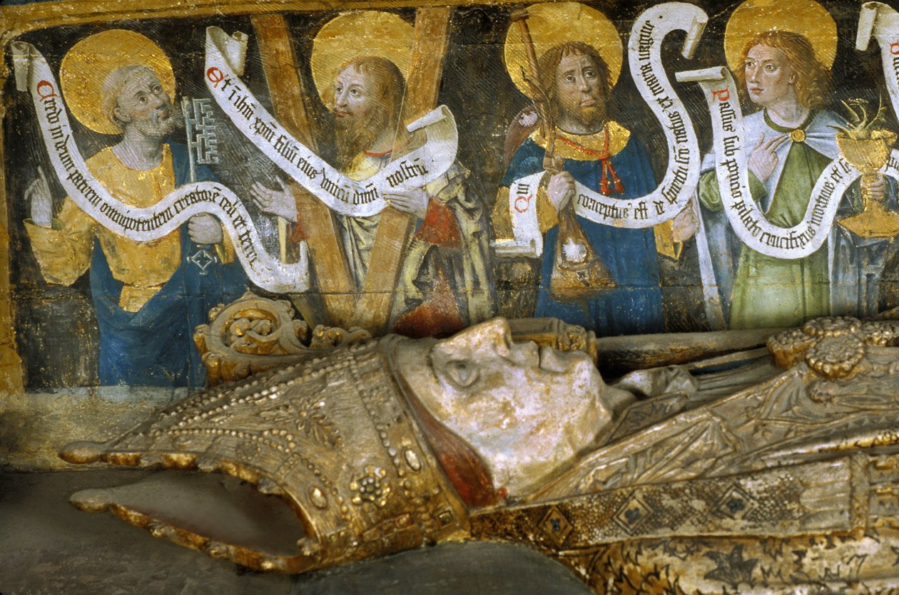 Frankrijk - Somme - Departement 80 - Amiens - Interieur van de Kathedraal - Klein kwatrijn in oud Frans ondertiteling - “het martelaarschap van Sint Firmin” (Firmin van Amiens of Pamplona, 272-303), met Sint Petrus, Sint Andreas en Sint Johannes de Evangel door Unbekannt