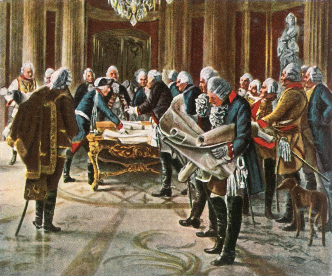 Frederik de Grote houdt een krijgsraad met zijn generaals, augustus 1756 door Unbekannt