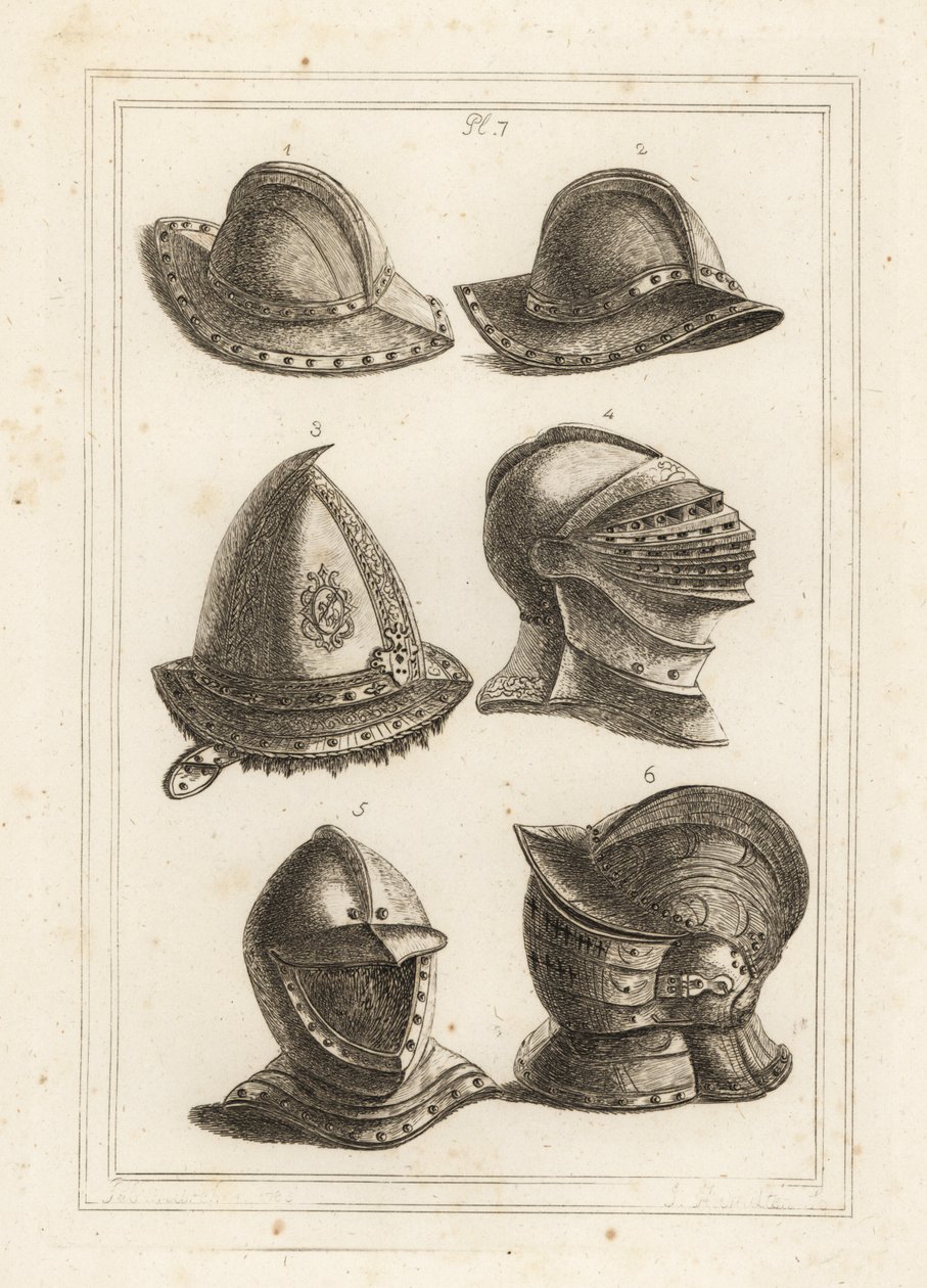 Franse ijzeren pothelm, gegraveerde stalen helm uit de 16e eeuw, grote heldere helm, open helm, versierde helm met vizier door Unbekannt