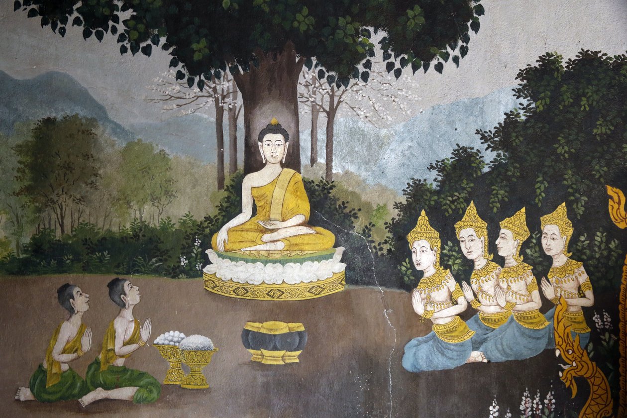 Fresco dat een scène uit het leven van de Boeddha afbeeldt in Wat Phra Doi Suthep, Chiang Mai. Boeddha ontvangt aalmoezen. Thailand door Unbekannt