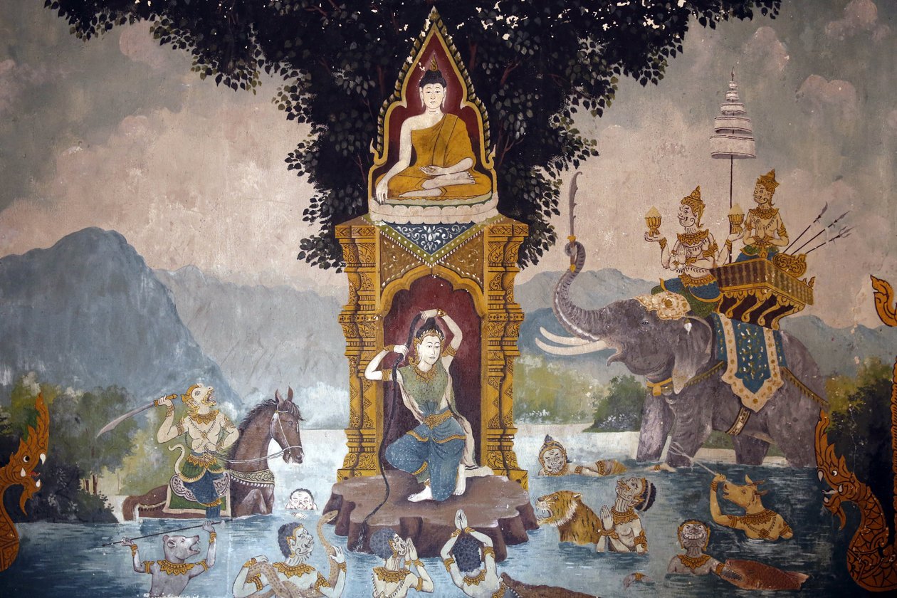 Fresco dat een scène uit het leven van de Boeddha toont in Wat Phra Doi Suthep, Chiang Mai. Phra Mae Thorani wringt haar lange haar uit en stortvloed van water creëert een overstroming, Thailand door Unbekannt