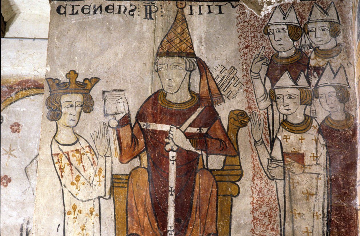 Fresco van de Ferrande Toren in Pernes-les-Fontaines (Pernes les Fontaines, Vaucluse (84)) uit de 13e eeuw: Karel I van Anjou (1226-1285) werd op 28/06/1265 door paus Clemens IV (ca. 1195-1268) geïnvesteerd in het Koninkrijk Sicilië. door Unbekannt