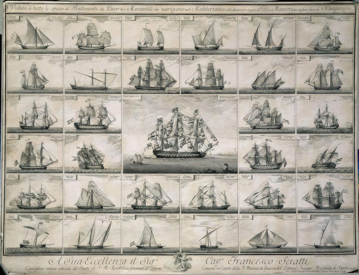 Gravure van de oorlogsschepen en koopvaardijschepen die in de Middellandse Zee voeren door Unbekannt