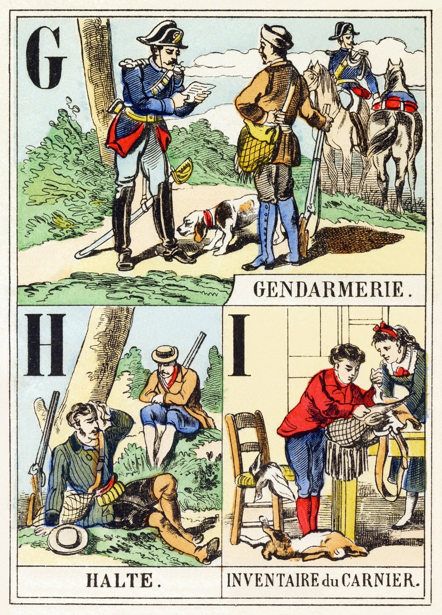 G H I: Gendarmerie, Halte, Inventaris van de buit - Het Jachtalfabet, ca. 1890 (gravure) door Unbekannt