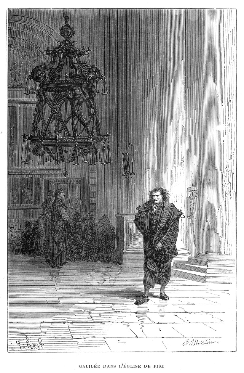 Galileo observeert het zwaaien van de kroonluchter in de Kathedraal van Pisa, c1584 1870 door Unbekannt
