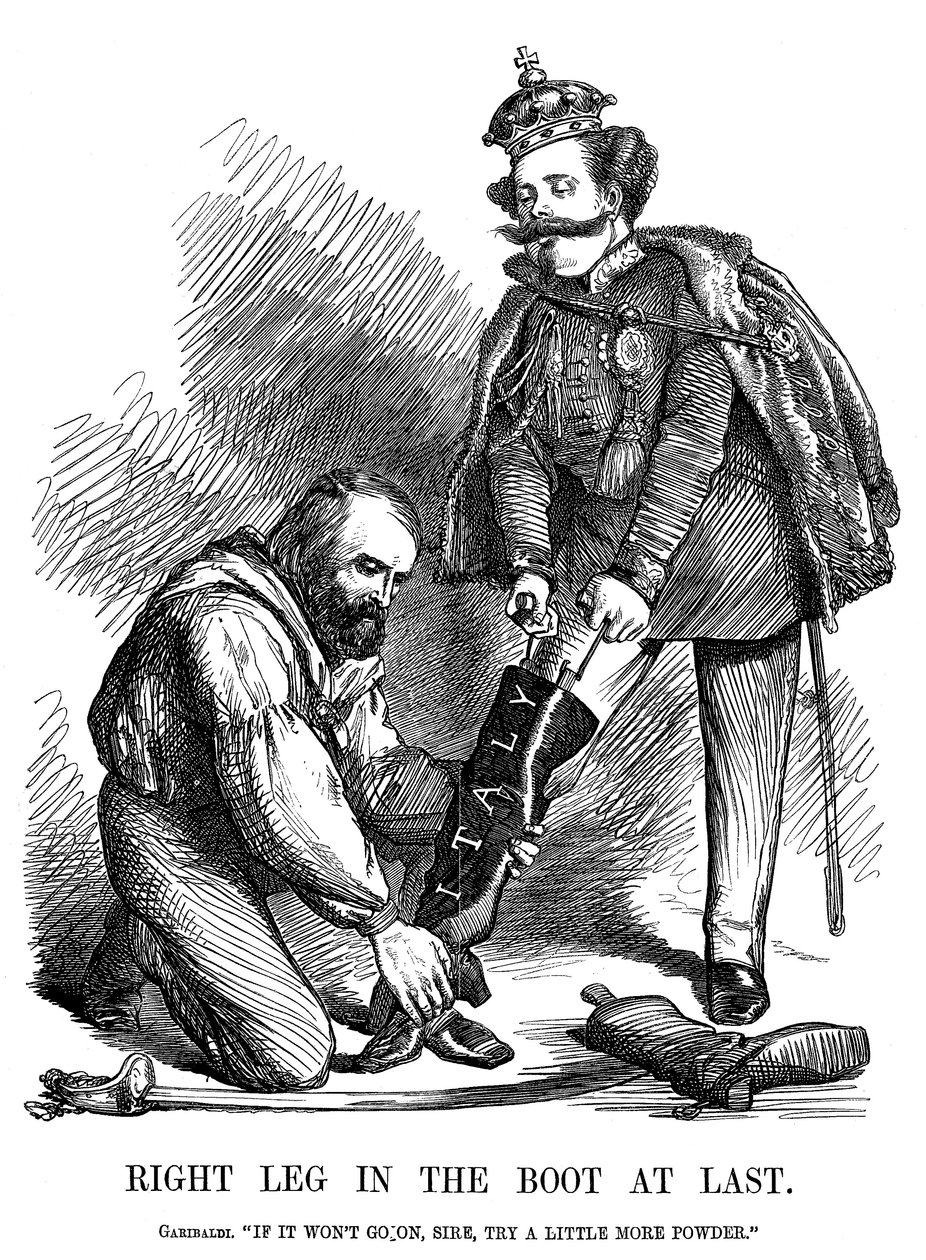 Giuseppe Garibaldi helpt Victor Emmanuel II de laars van Italië aan te trekken door Unbekannt