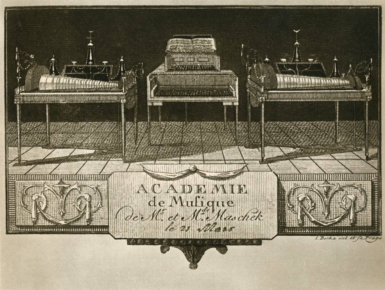 Glasharmonicas en toetsenbordklokken, gravure uit de eerste helft van de negentiende eeuw door Unbekannt