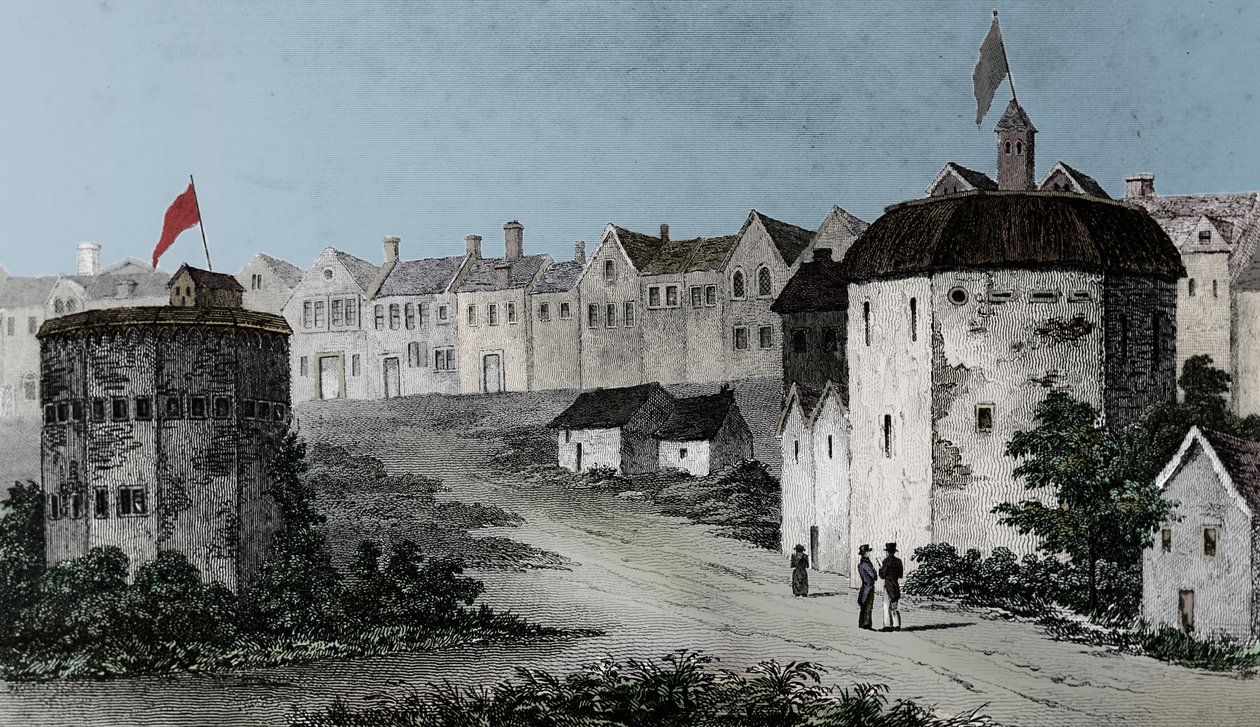 Globe Theatre, Bankside, Southwark rechts en de Bear Garden, ca. 1597 door Unbekannt