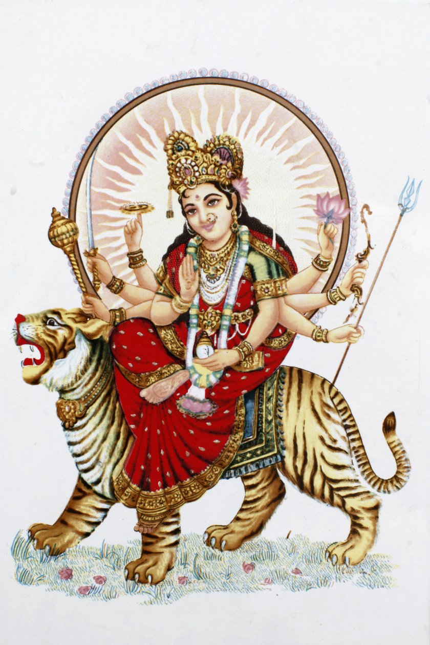 Godin Sherawali (Durga) rijdend op een tijger, Rishikesh, India door Unbekannt