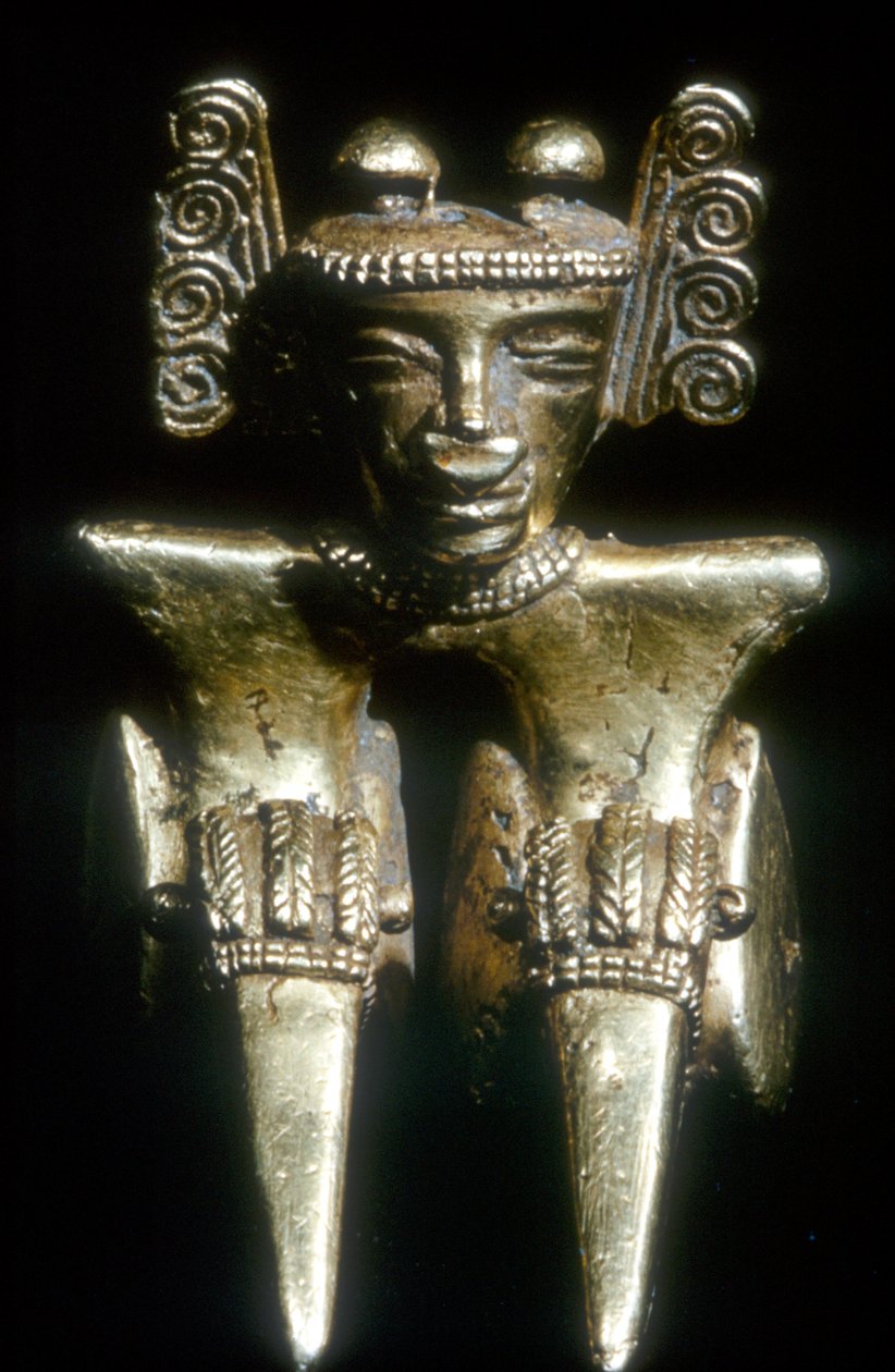 Gouden Pre-Columbiaanse zittende figuur, Quimbaya, Colombia, pre 14e-15e eeuw door Unbekannt