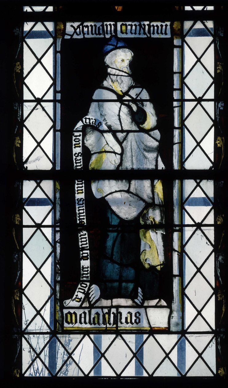 Gotische architectuur. Glas-in-loodraam dat de profeet Maleachi voorstelt. Kapel van La Mailleraye, Abbatiale Notre Dame, Jumieges door Unbekannt