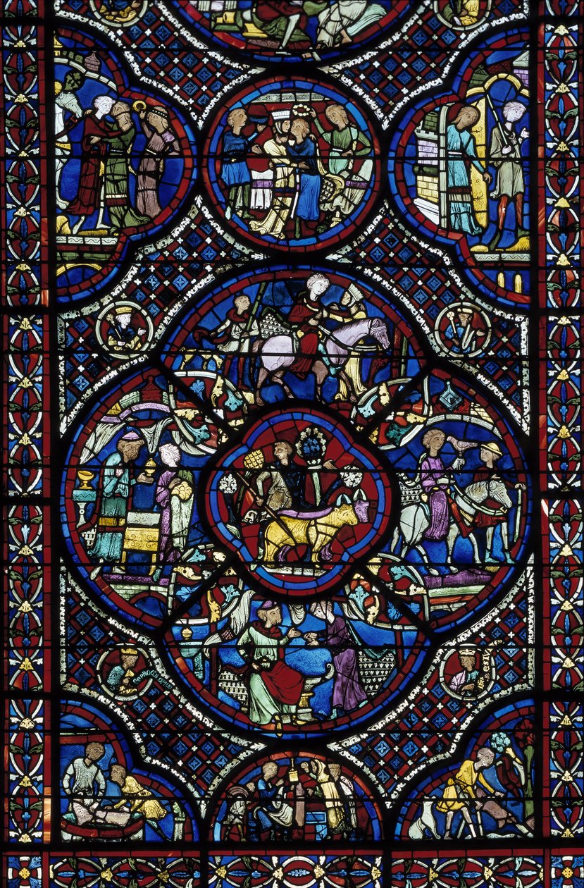 Gotische kunst: het leven van het wonderkind. Glas-in-lood van de ommegang van de Kathedraal Saint Etienne de Bourges (Loir et Cher) door Unbekannt
