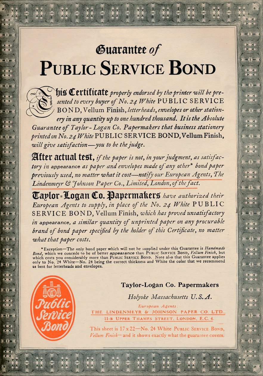 Garantie van openbare dienst obligatie - Taylor-Logan Co. Papermakers advertentie, 1919 door Unbekannt