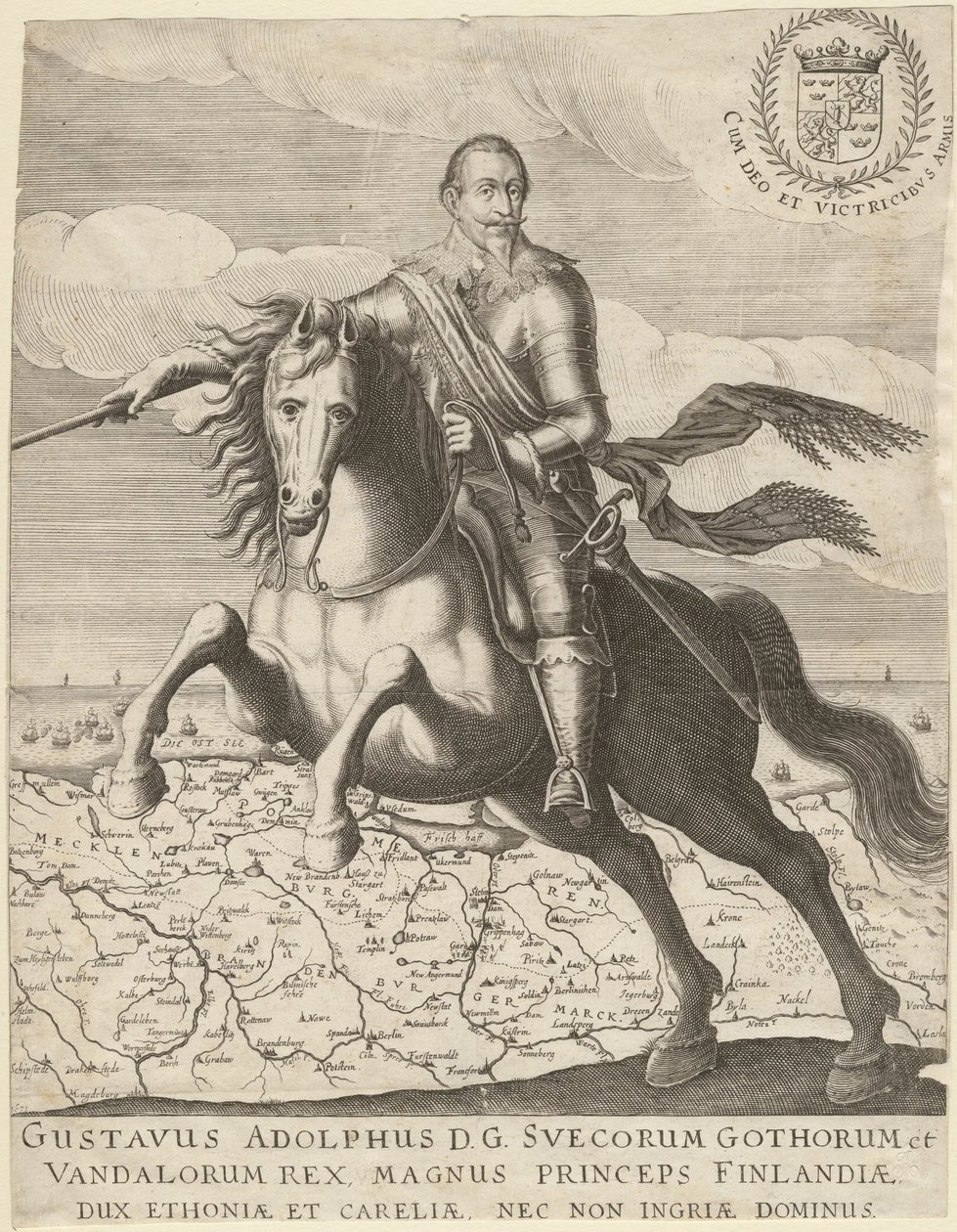 Gustavus Adolphus voor de kaart van Pommeren op de achtergrond, 1630 door Unbekannt