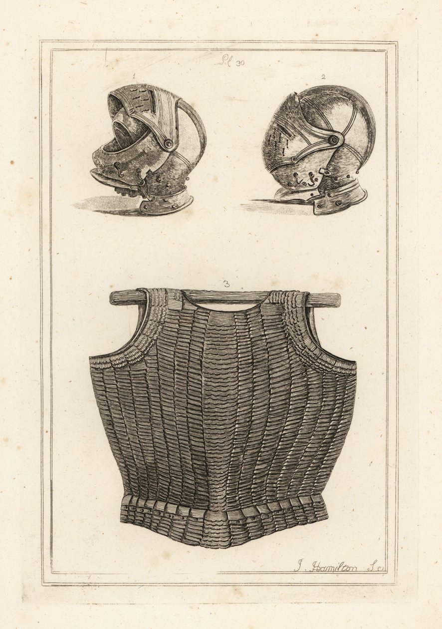 Helm gevonden op Bosworth Field, en flexibele kuras van metalen lamellen op leer die zou hebben toebehoord aan koning Hendrik VIII door Unbekannt