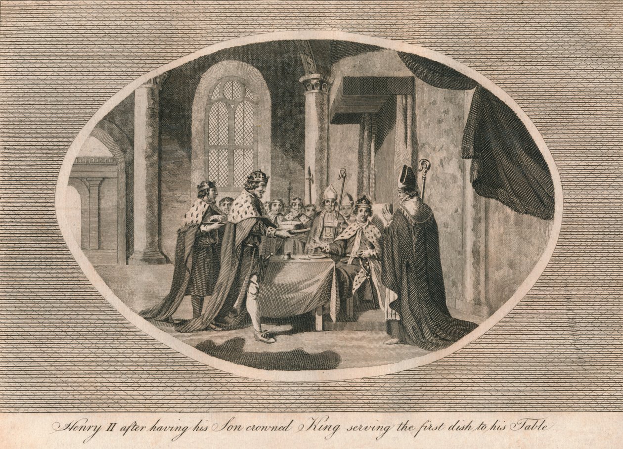 Hendrik II, nadat hij zijn zoon tot koning had gekroond, serveert het eerste gerecht aan zijn tafel, 1170, 1793 door Unbekannt