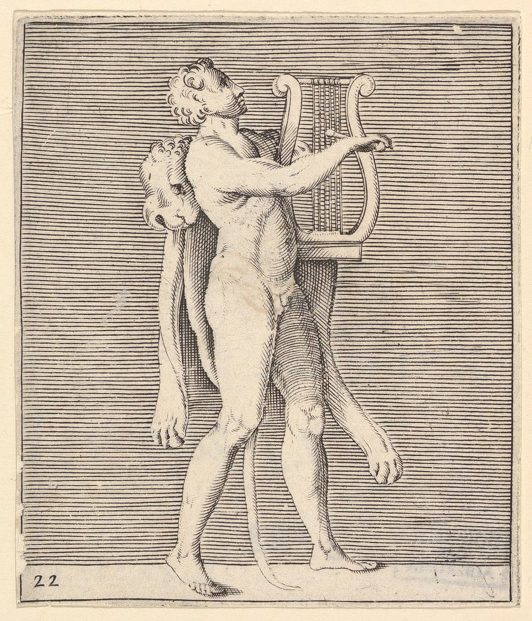 Hercules speelt een lier, een leeuwenhuid over zijn schouder gedrapeerd, gepubliceerd ca. 1599-1622 door Unbekannt