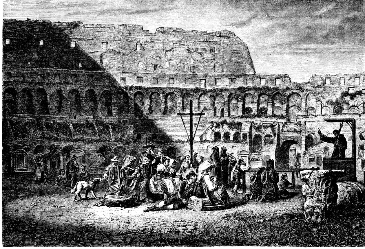 Geschiedenis van het oude Rome. De vastenpreek van de binnenkant van het Colosseum. Prent 1800 door Unbekannt