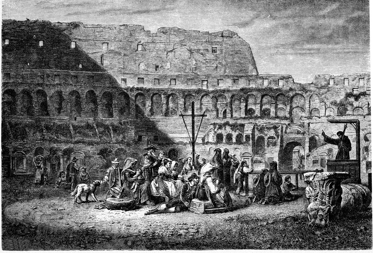 Geschiedenis van het Oude Rome. De vastenpreek van de binnenkant van het Colosseum. Prent 1800 door Unbekannt