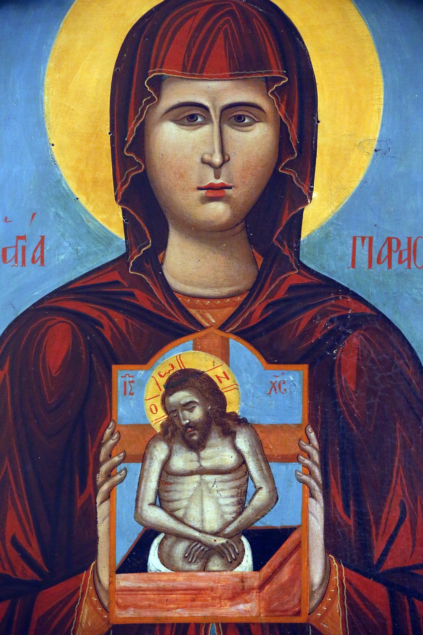 Icoon in Pedoulas Byzantijns museum: Heilige Paraskevi met een kruisigingsicoon (1789), 20150510, Pedoulas, Cyprus door Unbekannt