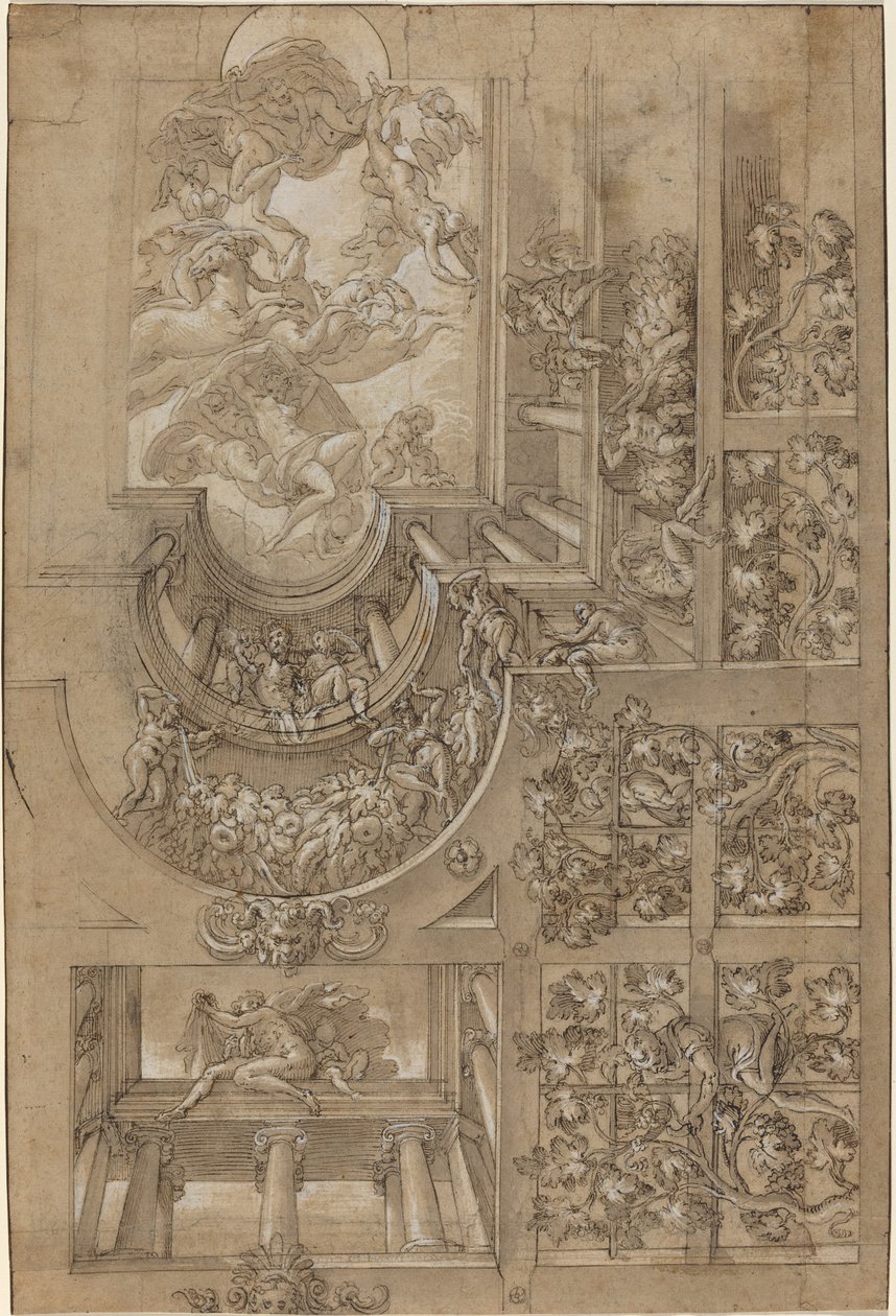 Illusionistisch plafond met een druivenprieel, figuren op galerijen, en een centraal..., ca. 1570-1580 door Unbekannt