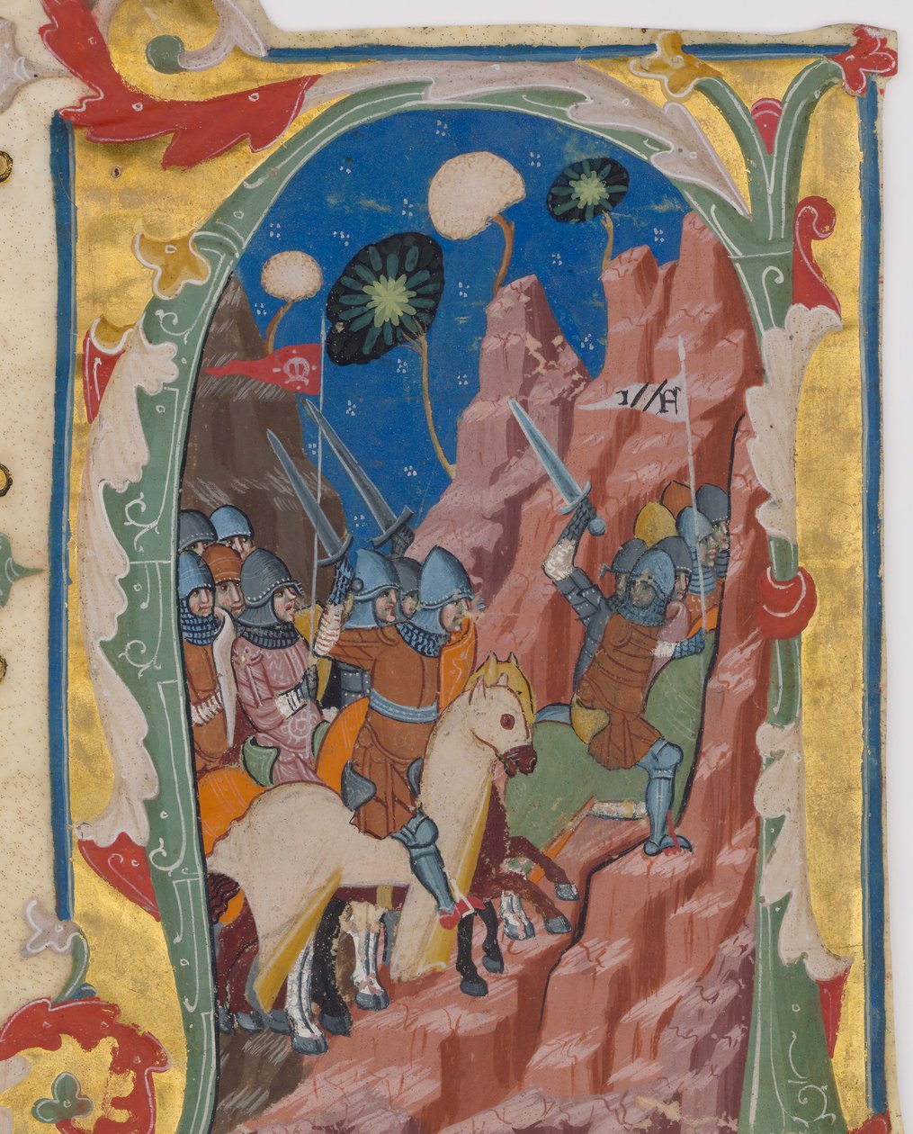 Initiaal A met de Slag van de Makkabeeën, ca. 1360-70 door Unbekannt