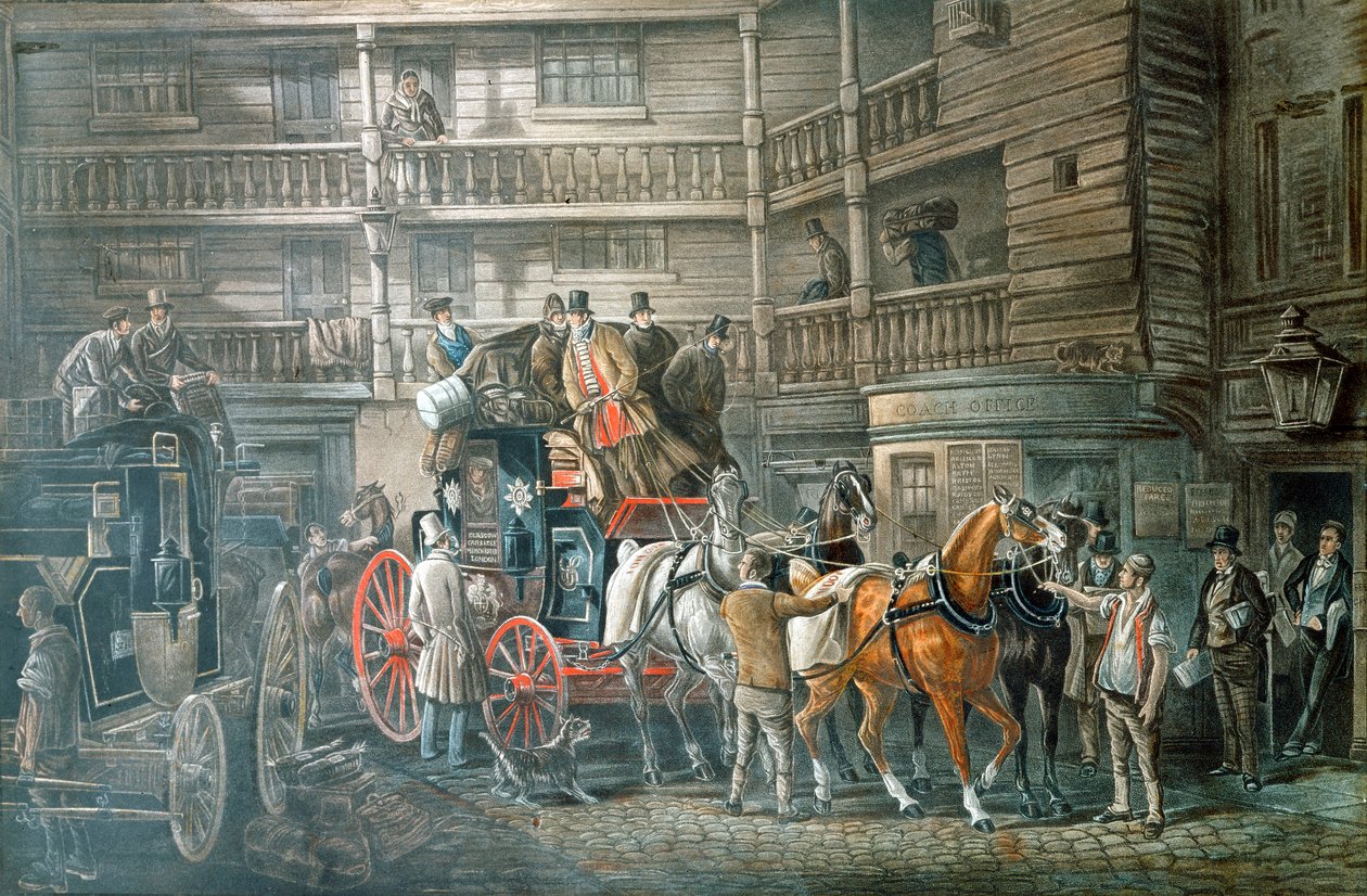 Herberg met postkoets die zich voorbereidt om te vertrekken, ca. 1840 door Unbekannt