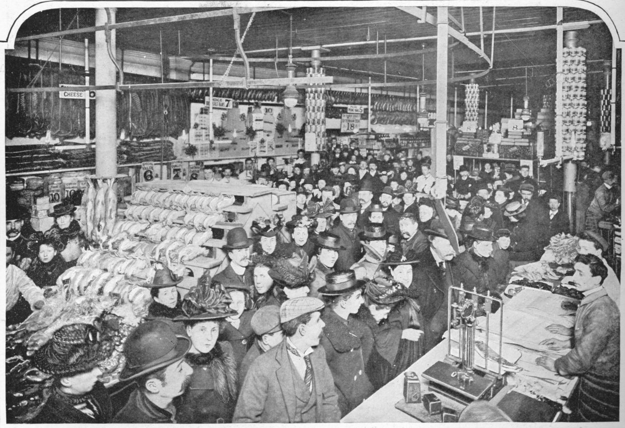 Binnen in een grote levensmiddelenwinkel, Hammersmith, Londen, 1901-1903 door Unbekannt