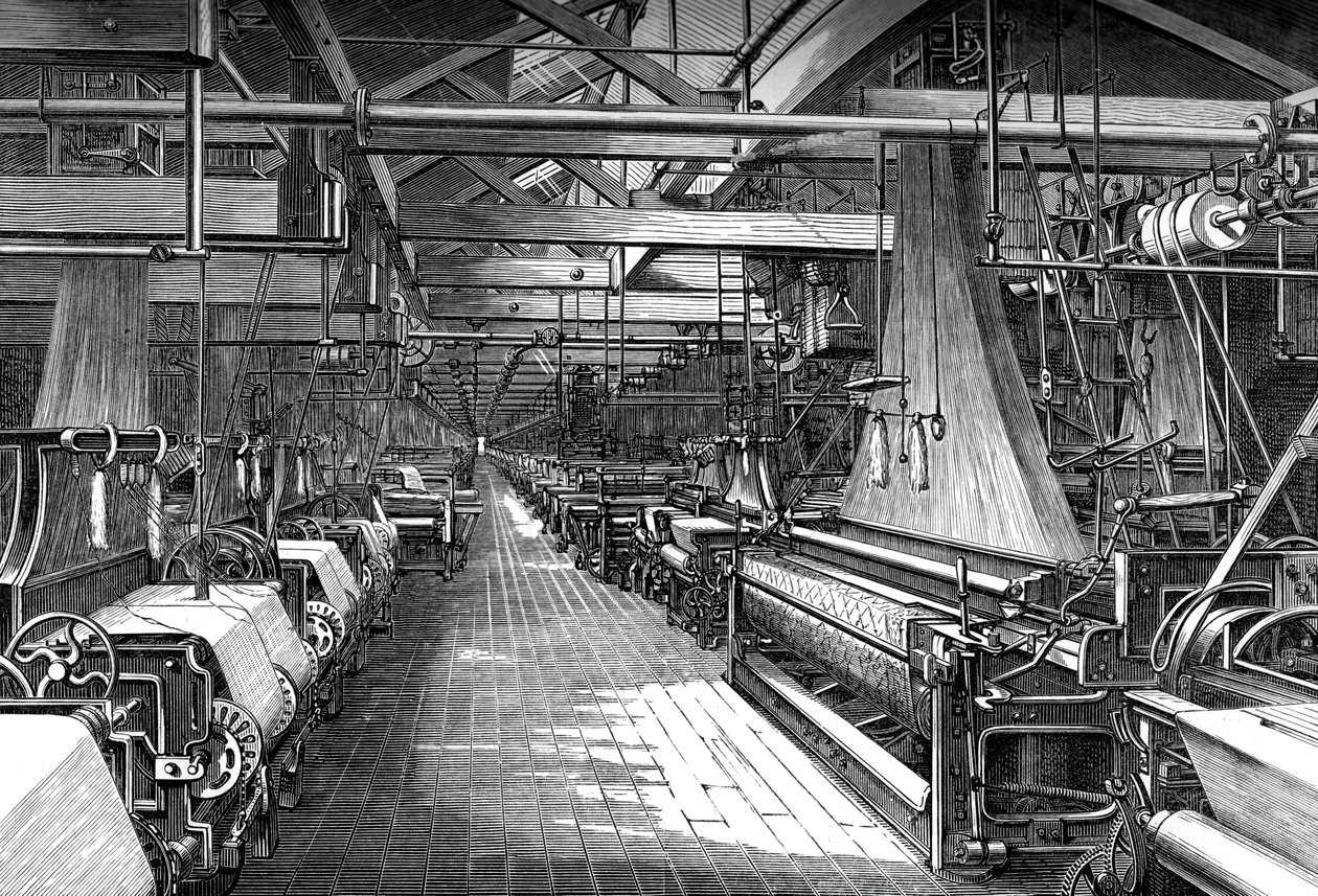 Interieur van de weefschuur, St Leonards fabriek, Dunfermline door Unbekannt
