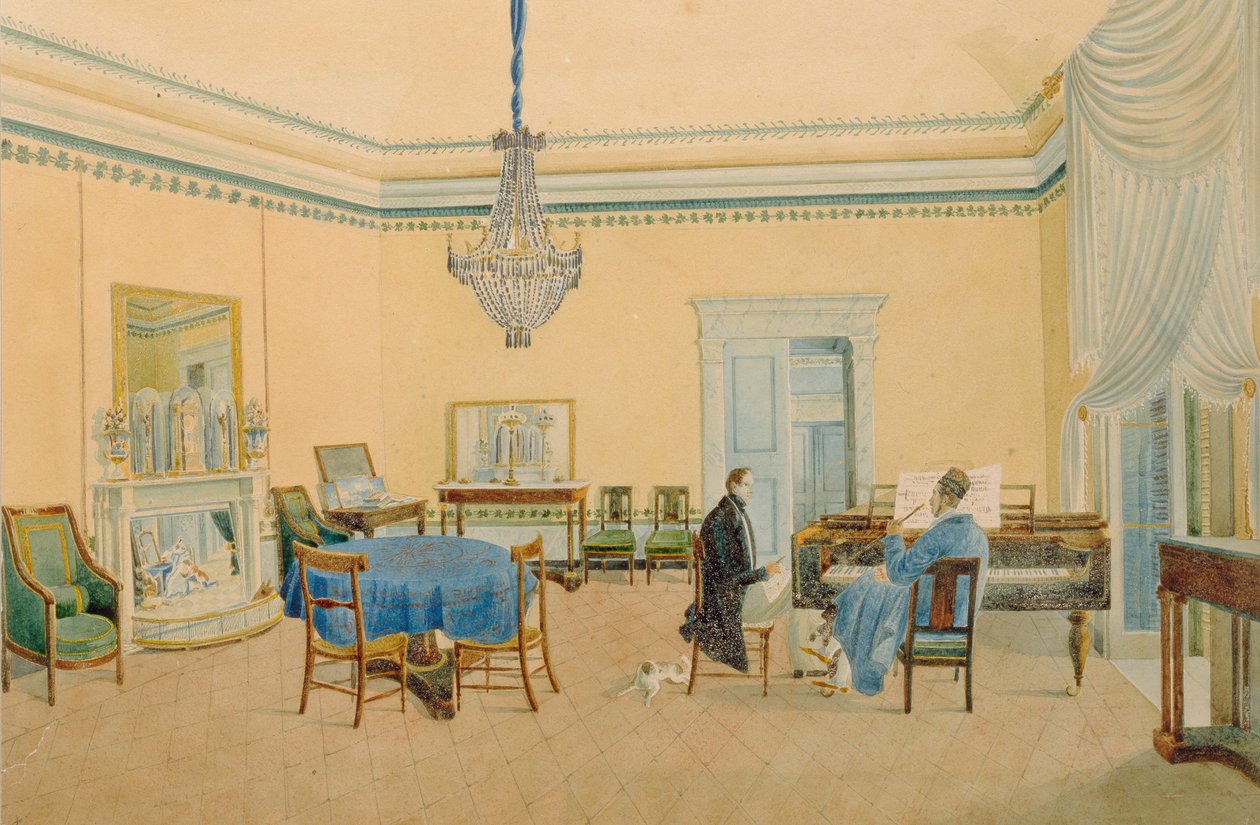 Interieur met figuren. De muziekkamer, 1830-1839 door Unbekannt
