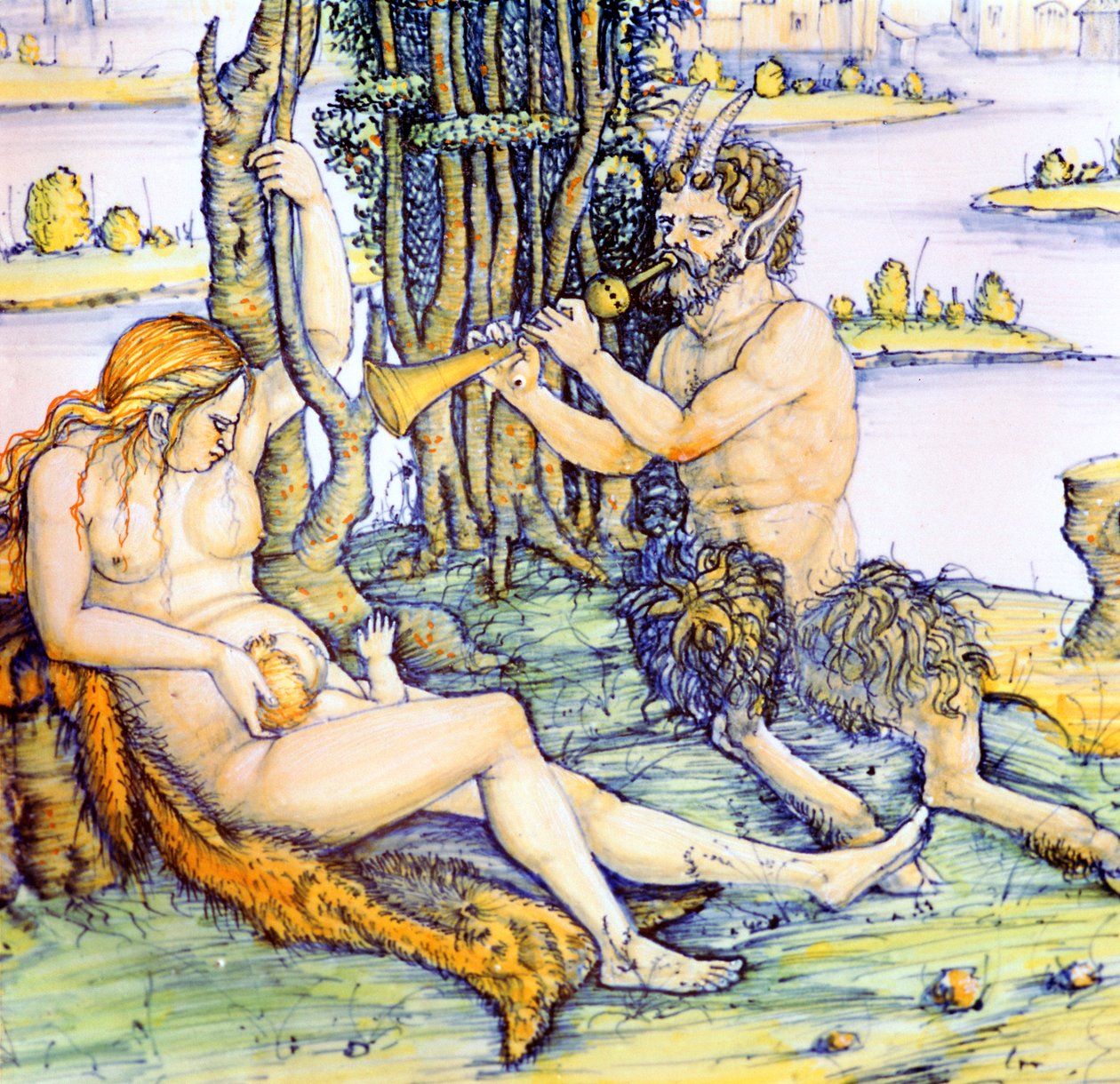 Italiaans aardewerken bord met de satyrfamilie na Dürer door Unbekannt