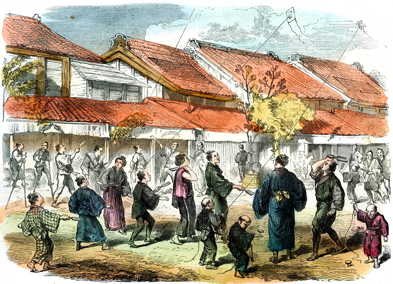 Japans spel van battledore en shuttlecock in de straten van Yokohama, 1865 door Unbekannt