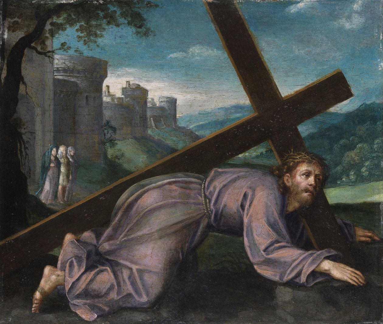 Jezus valt onder het kruis. Noord-Italiaanse schilder van de 17e eeuw door Unbekannt