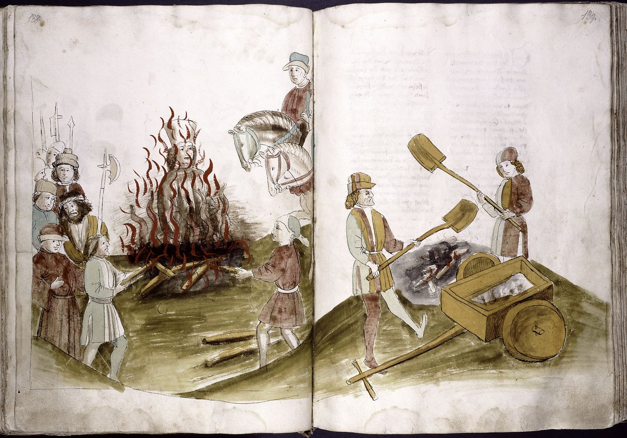 Jan Hus wordt op de brandstapel verbrand op 6 juli 1415 en zijn as wordt in de Rijn geworpen uit: Ulrich Richental Kroniek van het Concilie, 1414-1418 door Unbekannt