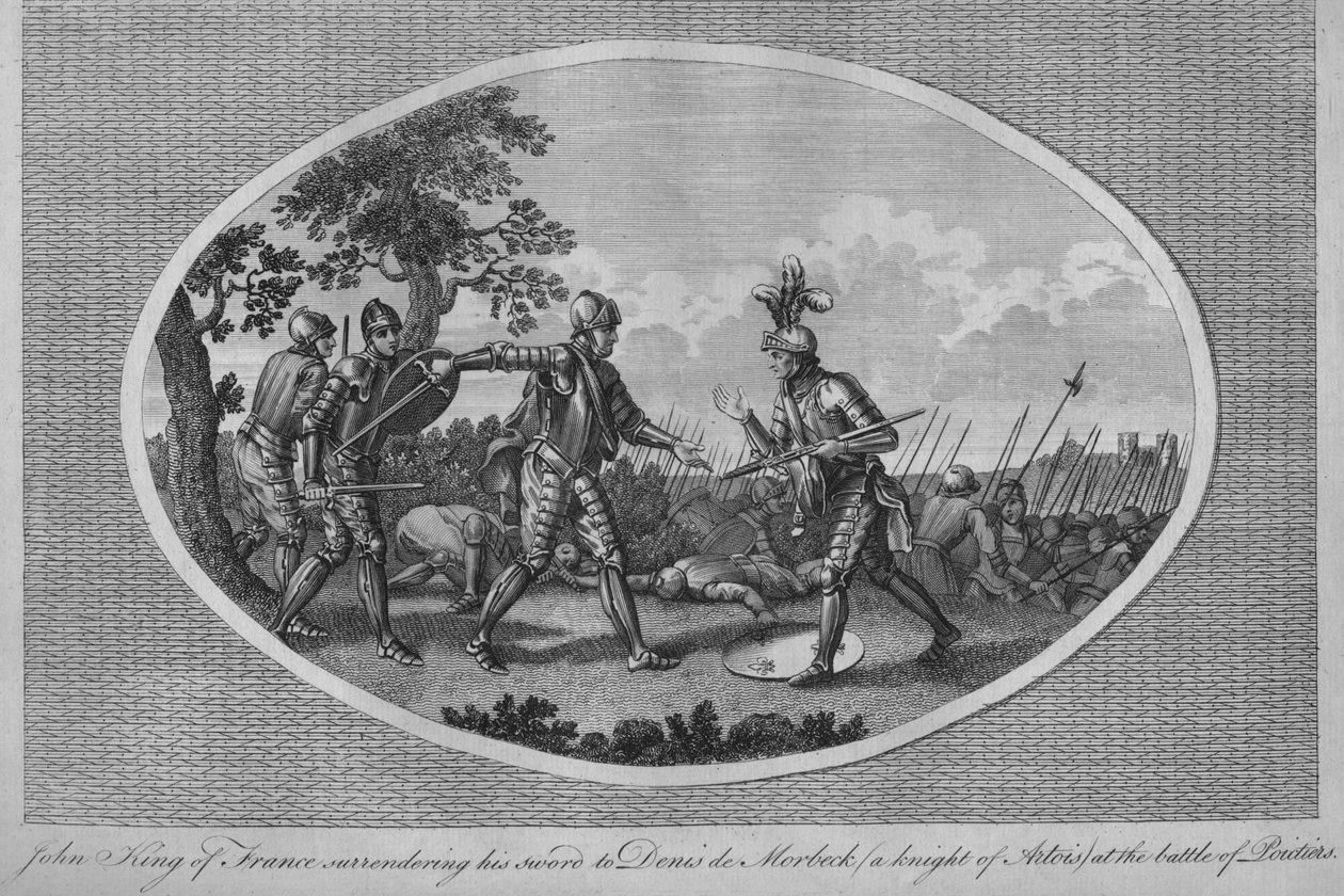 Jan II van Frankrijk geeft zijn zwaard over aan Denis de Morbeck bij de Slag bij Poitiers, 1356 door Unbekannt