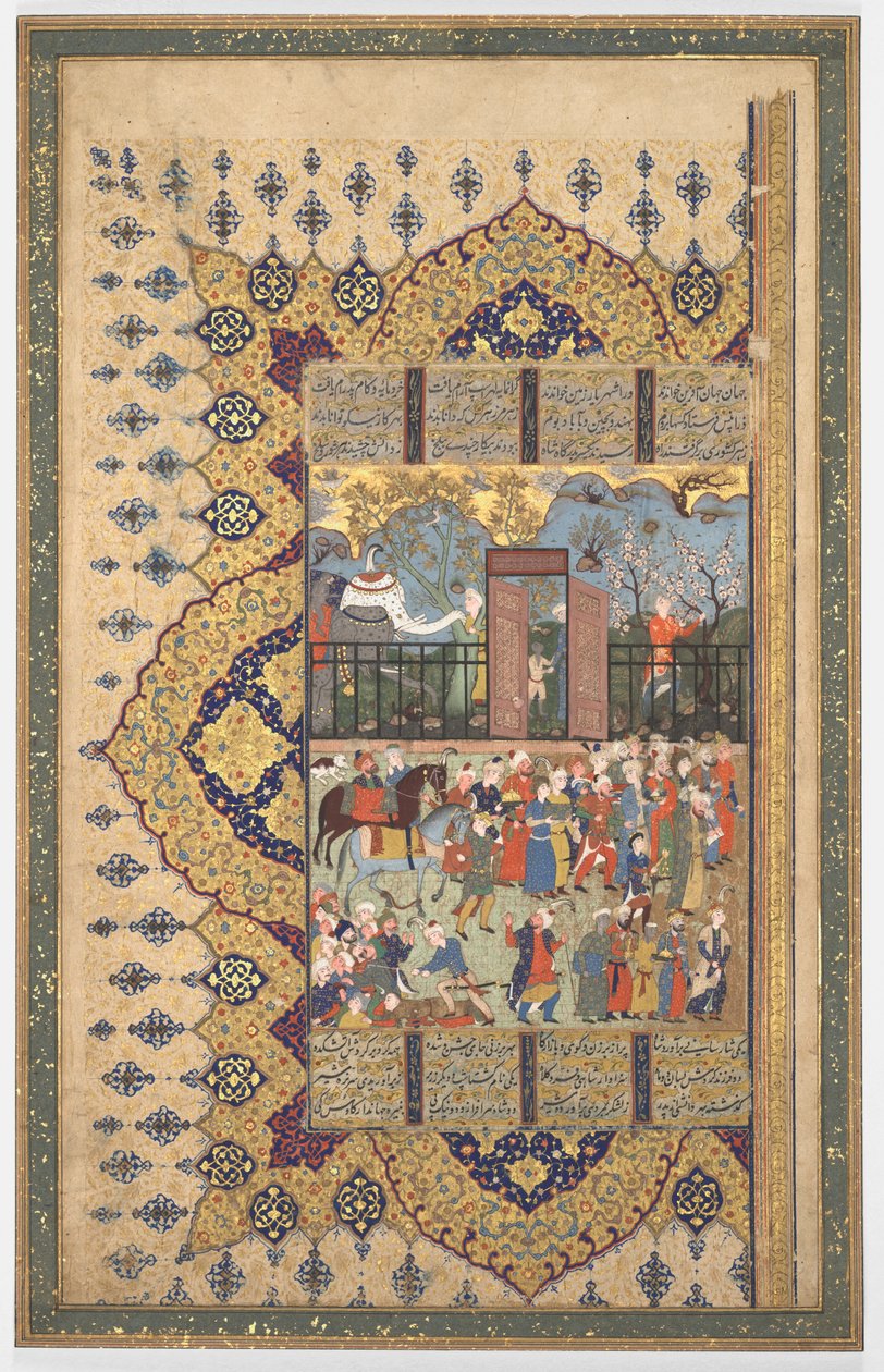 Koning Luhrasp bestijgt de troon: Een processie arriveert aan het hof, ca. 1560s-80s door Unbekannt